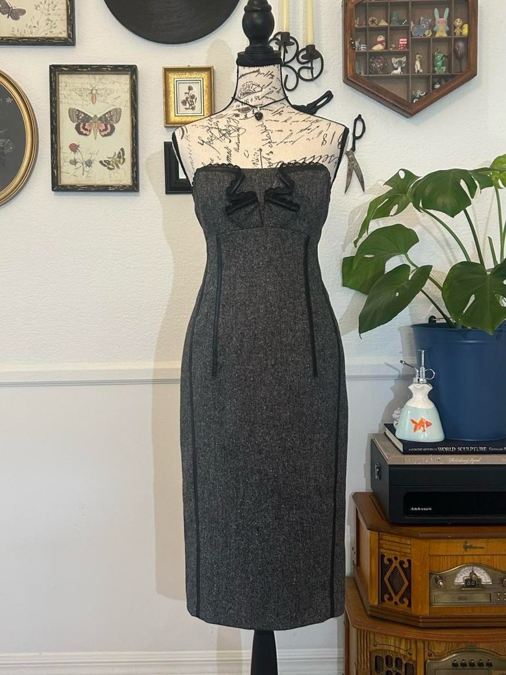 Charcoal Gray Strapless Bow Sheath Dress